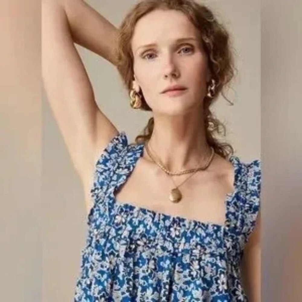 🆕J CREW Cotton Floral Shift Midi Dress Medium Blue - Picture 3 of 10